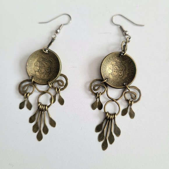 Hand made dangling brass earrings made of Peru coins. - Picture 7 of 7